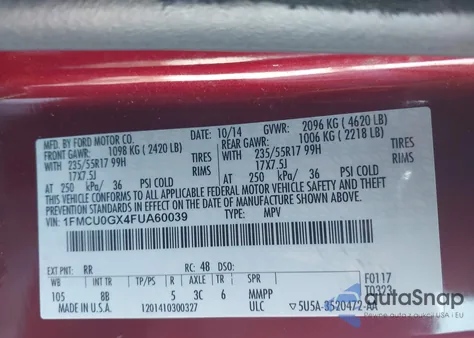 2015 Ford Escape Se z USA, uszkodzony, nr VIN 1FMCU0GX4FUA60039